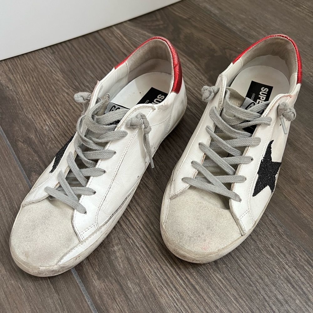 Golden Goose Mid-Star black glitter star, red back. Size 40. Good condition.